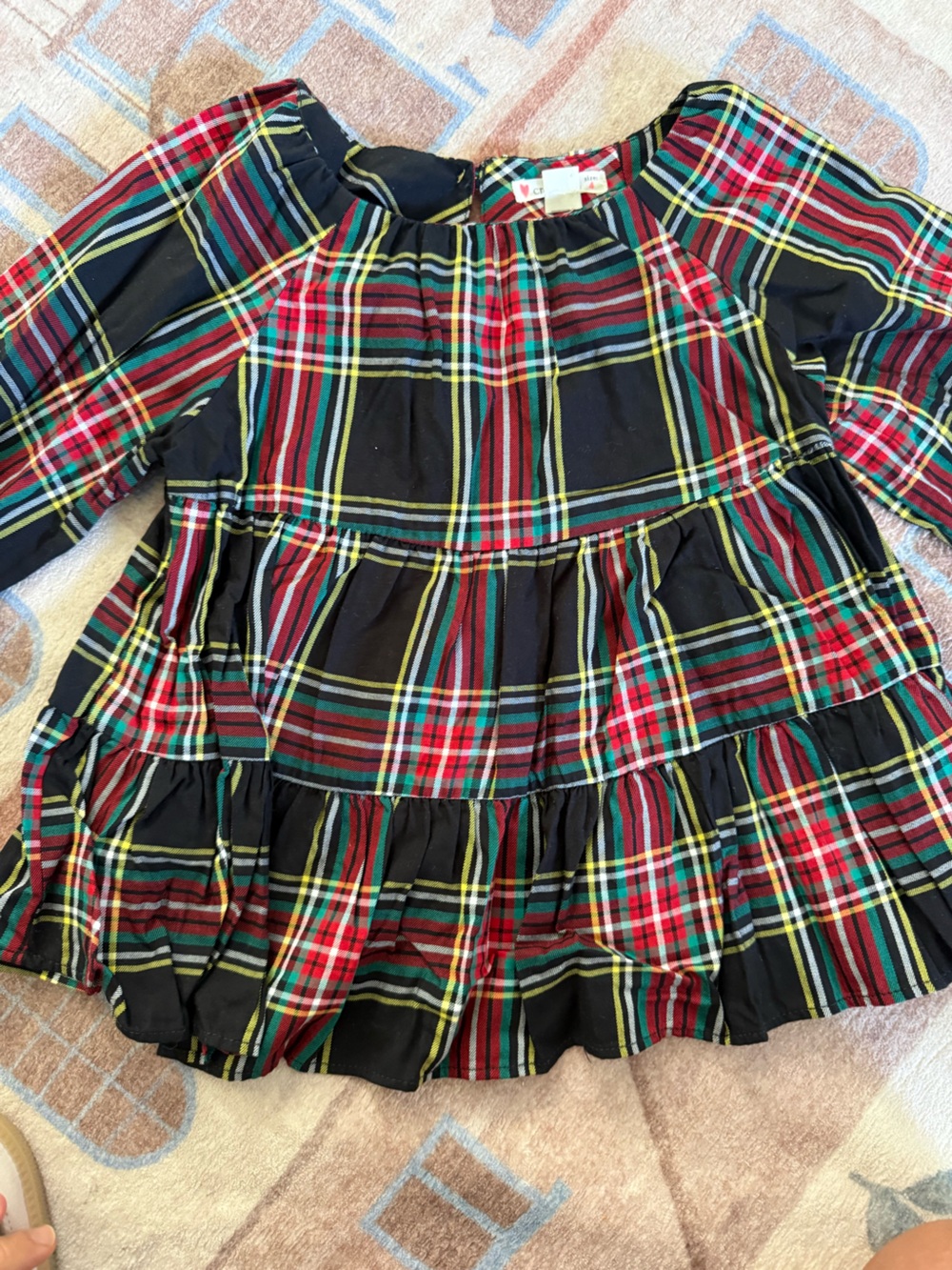 Crewcuts Black Multi Plaid tiered blouse with Red & Green Accents